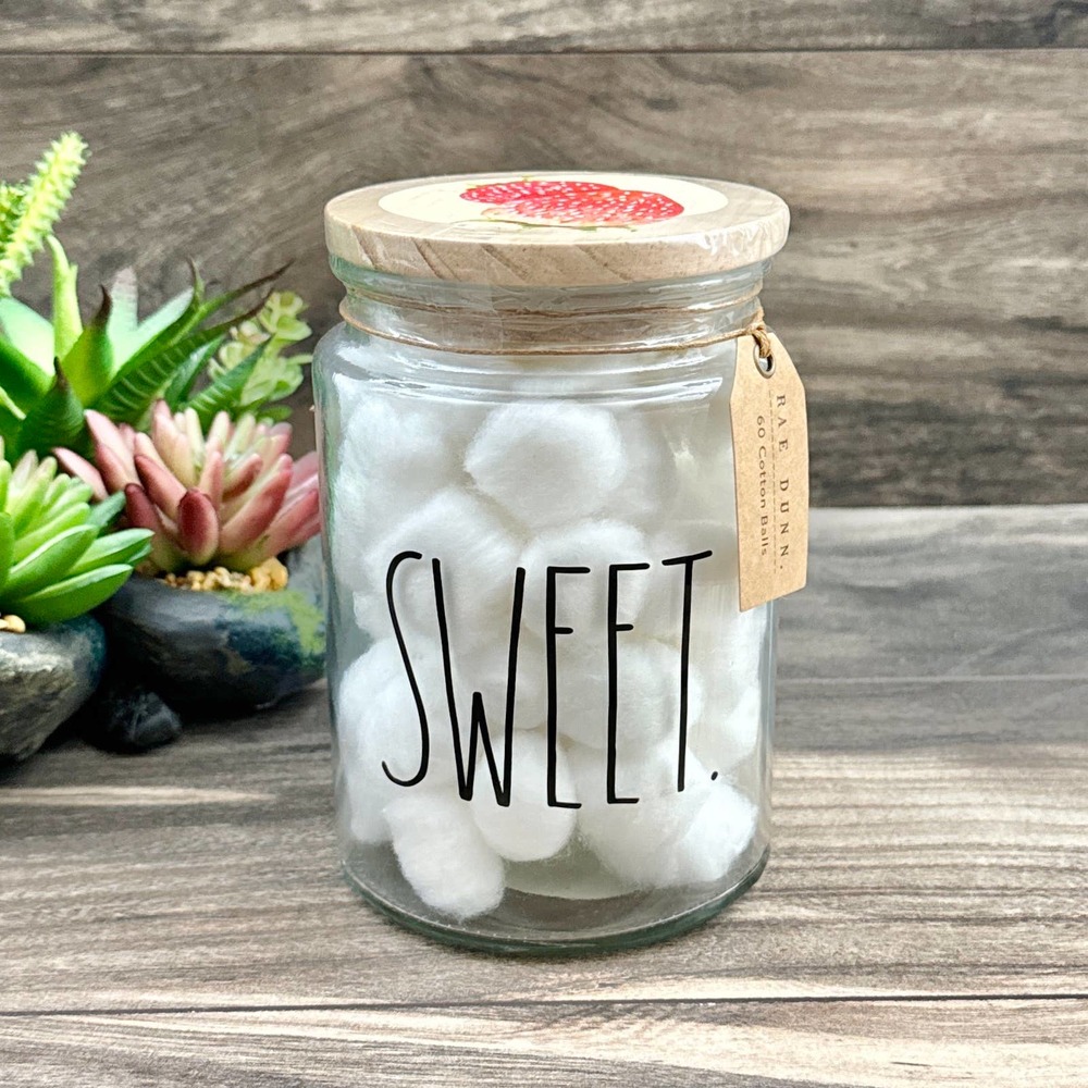 NIB RAE DUNN Large Glass Jar w 60 Cotton Balls Sweet Strawberries Lidded Storage